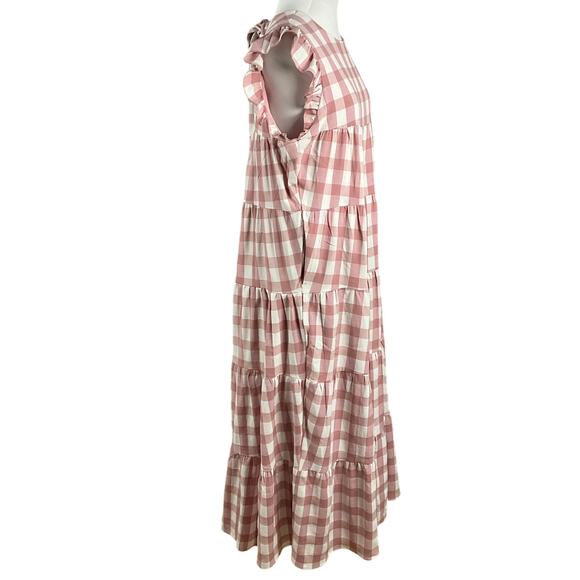 ENGLISH FACTORY Tiered Maxi Dress Cottage Baby Doll Gingham Pink Large Prairie - Picture 8 of 16